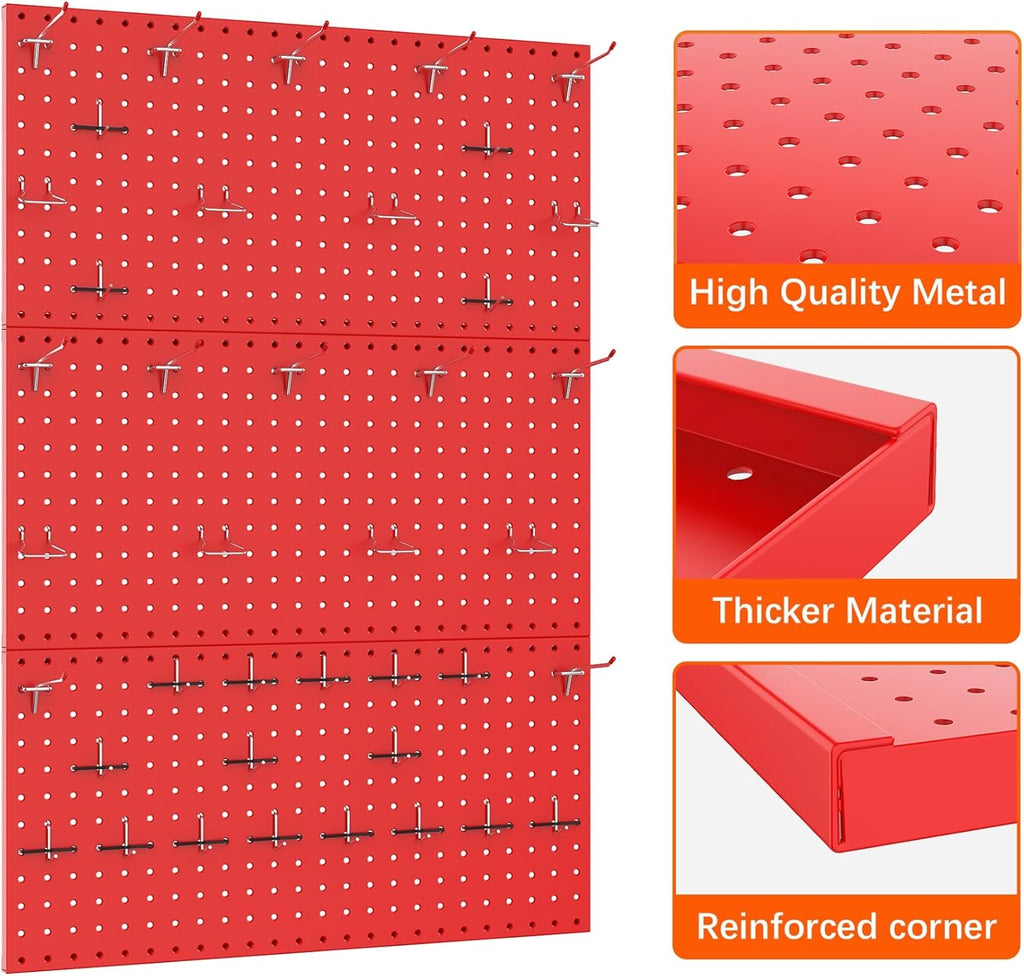 TORACK 3 PCS Metal Pegboard Panels(12x24 inch) for Wall Garage Tools Storage Pegboard System for Workbench, Modular Peg Board Tool Organizer Board Kit(Pack of 3, Red)