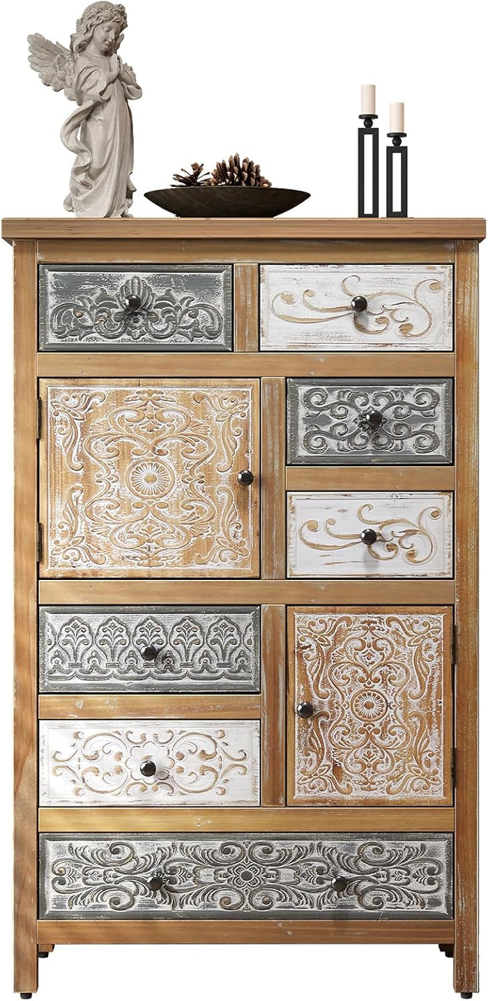 Vintage Tall Wooden Accent Cabinet with 6 Drawers & 2 Doors, Rustic Multicolor Carved Storage Chest for Living Room, Bedroom, Farmhouse Console Table, Colorful (27.76" L x 14.37" W x 47.44" H)