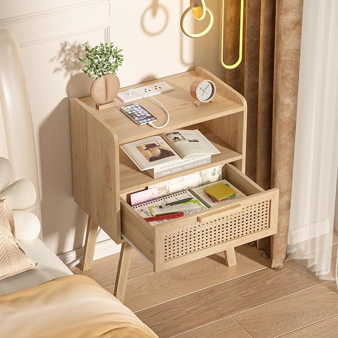 Lerliuo Rattan Nightstand with Charging Station, Boho Night Stand with Handma...