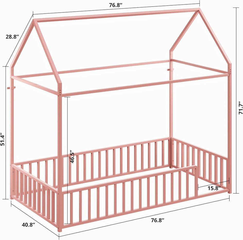 LIKIMIO Twin Floor Bed with Roof and Fence Guardrails, Pink