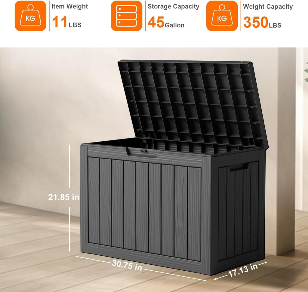 45 Gallon Resin Deck Box, Lockable Patio Outdoor Storage Box for Furniture, Garden Tools and Tools Storage, Waterproof Outside Storage Boxes - Black
