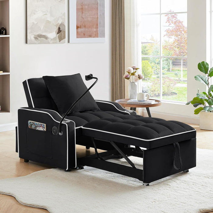 Sleeper Sofa Chair Bed, Convertible 3-in-1 Sofa Armchair, Adjustable Sleeper Chairs with Pullout Bed, Single Lounger Futon with Side Pockets for Living Room (Black)