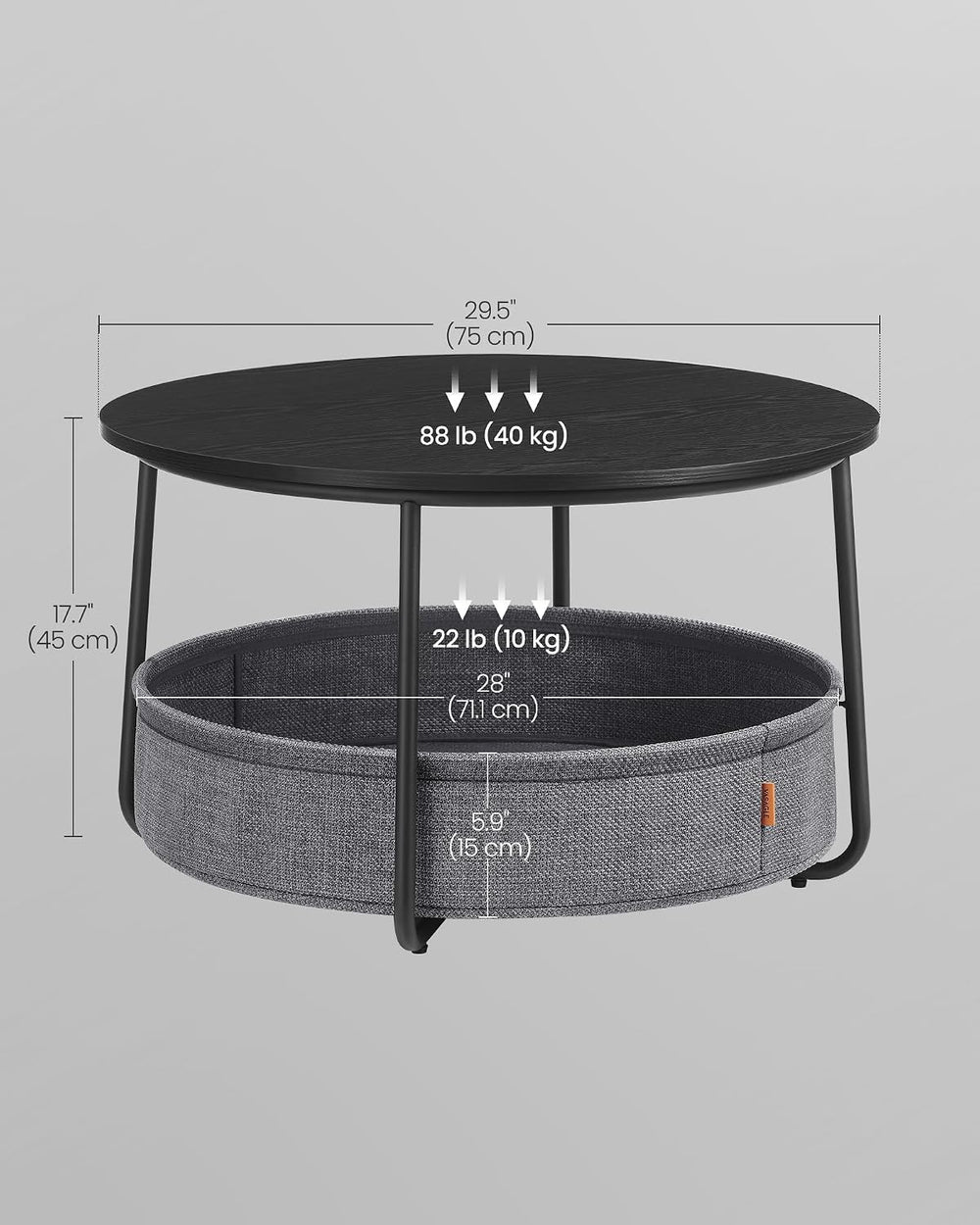 VASAGLE Round Coffee Table with Storage, Fabric Basket, Metal Frame