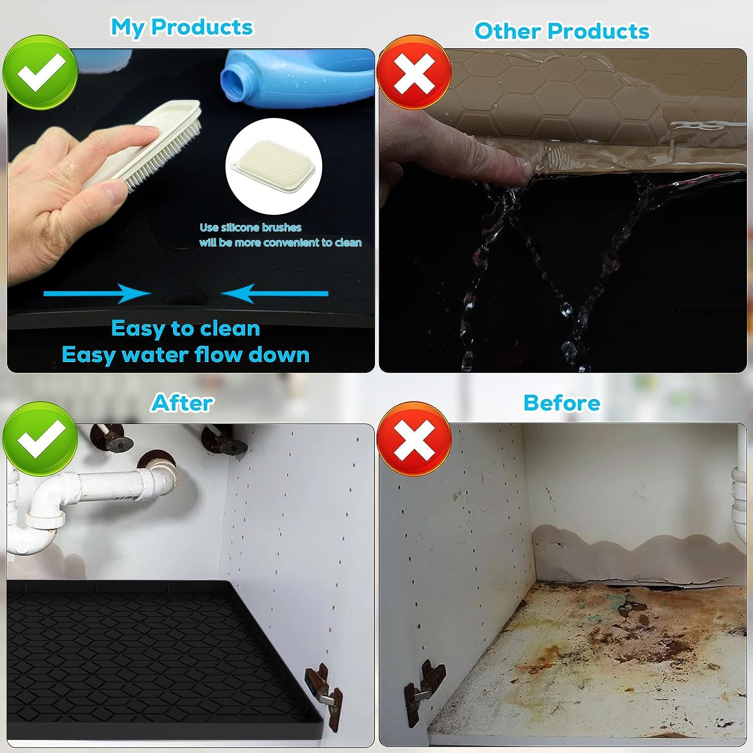 Under Sink Mat for Kitchen, Silicone Waterproof Liner, Flexible Organizer Tray with Drain Hole, 3.3 Gallons Capacity, Easy to Clean (Black, 34x22)