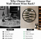 Round Wall Mounted Wine Rack Modern Metal Wine Wall Display Shelf | Horizontal Circular Bottle Storage Organizer, Vintage Rustic Wall Decor for Kitchen Living Room, Wine Cellar, Home Bar, Black