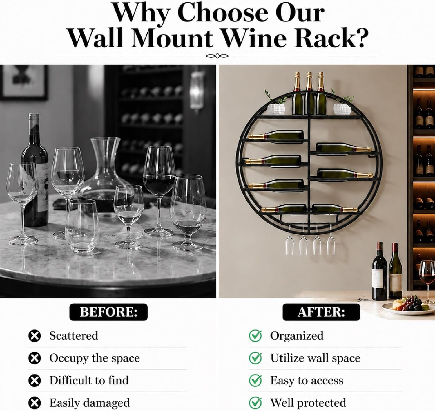 Round Wall Mounted Wine Rack Modern Metal Wine Wall Display Shelf | Horizontal Circular Bottle Storage Organizer, Vintage Rustic Wall Decor for Kitchen Living Room, Wine Cellar, Home Bar, Black