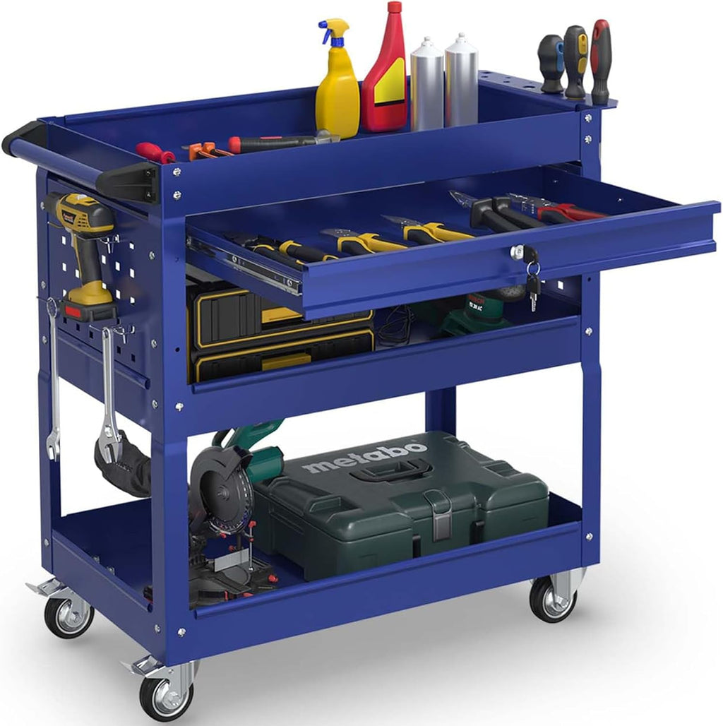 3-Tier Rolling Utility Cart, Metal Heavy Duty Utility Cart on Wheels with Lockable, 330 lb. Load Large Storage Capability Tool Cart for Garage, Warehouse, Repair Shop（Blue）