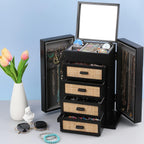 Jewelry Organizer, Rattan Jewelry Box, 5 Layer Wooden Jewelry Organizer Box with Mirror, Jewelry Boxes with 4 Drawers for Women Men, Black Jewelry Storage for Rings Earrings Necklaces Bracelets Watch