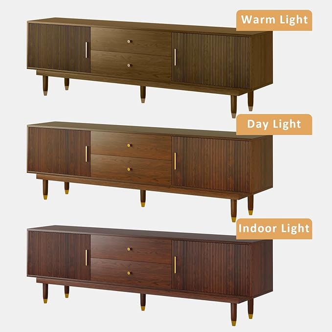 Mid Century Modern TV Stand for 75 inch TV, 66.9" Walnut TV Console with 2 Storage Cabinet & 2 Drawers, Entertainment Center, Media Console for Living Room/Bedroom