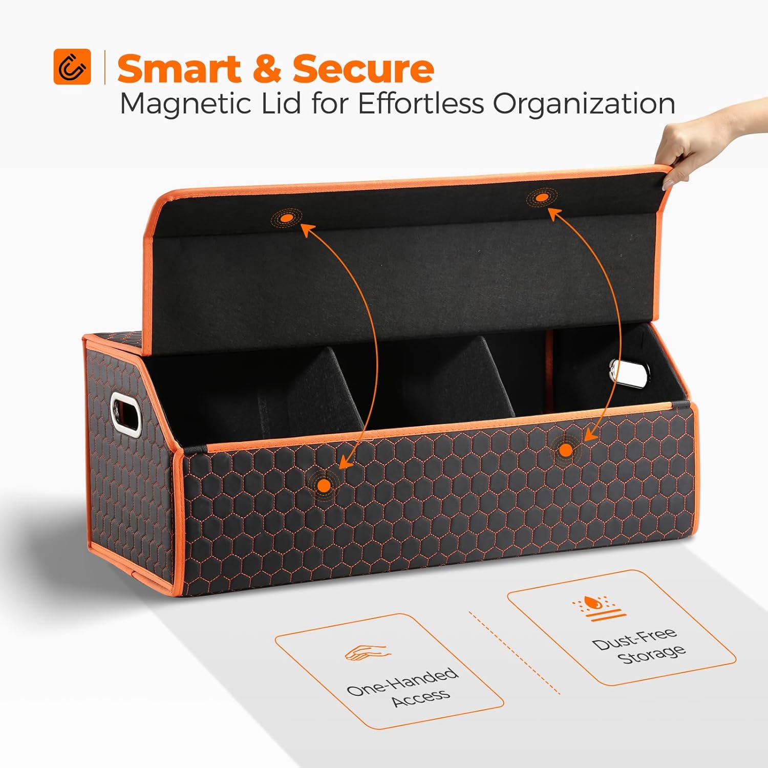 Car Organizers and Storage - Trunk Organizer for Suv Car,Car Trunk Leather Storage Box,Extra Large,Magnetic Lid,Collapsible and Adjustable