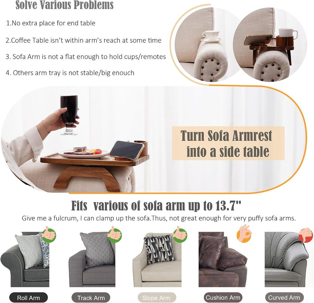 Nnewvante 2 Pack Couch Armrest Table, Acacia Wood Sofa Arm Clip On Tray | 3 in 1, Large 15.36 X 9.85 in Sofa Arm Table, 360° Rotating Cup & Phone Holder and Non-Slip Base