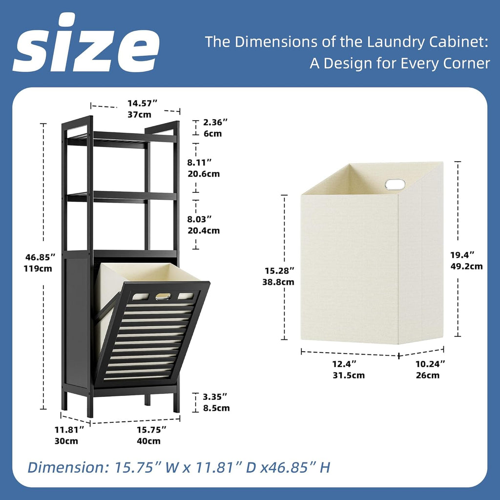HITNET Tilt Out Laundry Hamper, Bamboo Bathroom Cabinet with Pull Out Removable Bag and 3 Tier Storage Shelves, 8.5 Gallon Clothes Basket with Metal Handle, Black