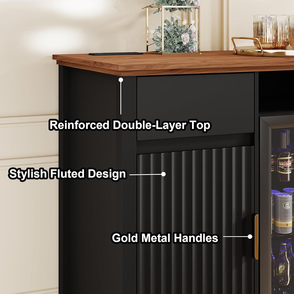 Mini Fridge Cabinet with Charging Station, Modern Fluted Coffee Bar Cabinet with Beverage and Wine Storage, Compact Coffee Bar with Mini Fridge Space for Kitchen, Dining Room or Living Room