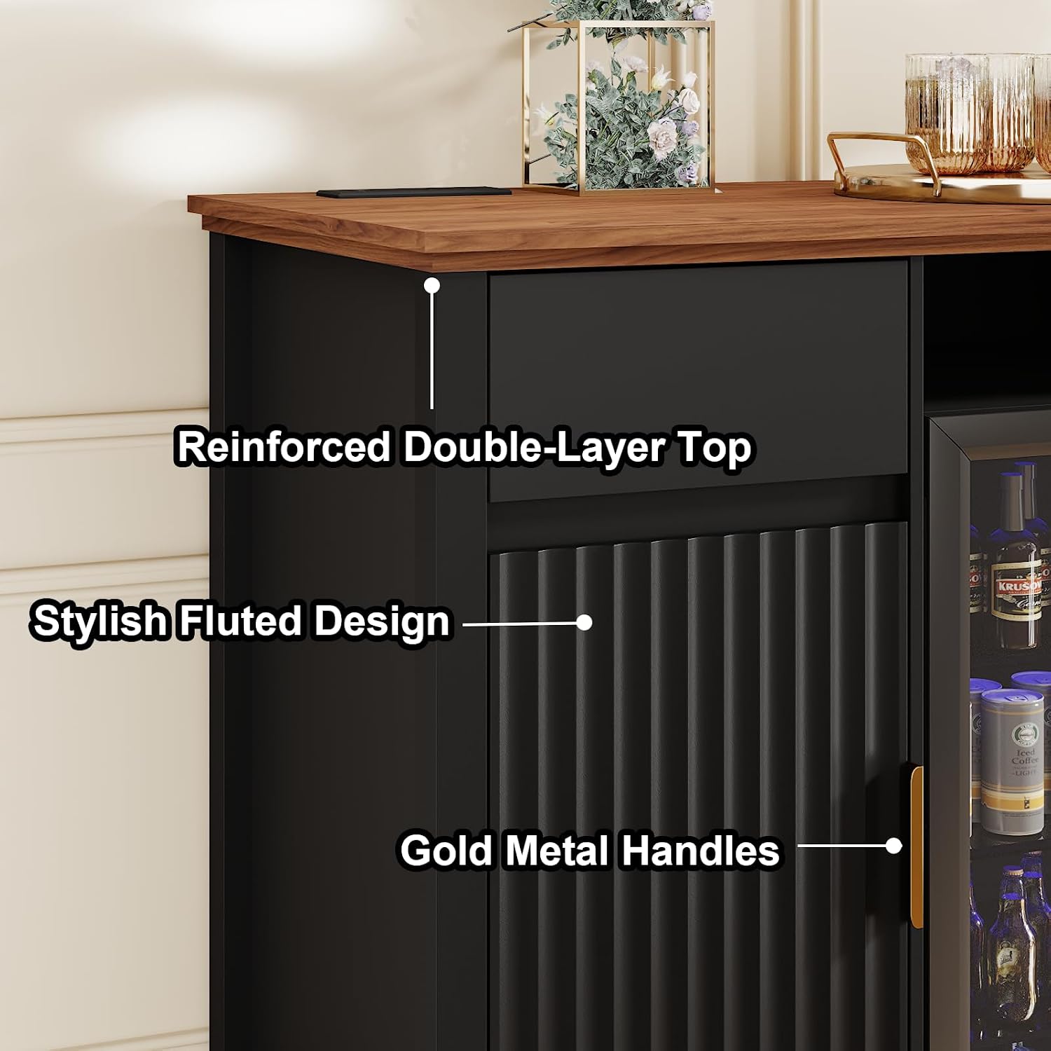 Mini Fridge Cabinet with Charging Station, Modern Fluted Coffee Bar Cabinet with Beverage and Wine Storage, Compact Coffee Bar with Mini Fridge Space for Kitchen, Dining Room or Living Room