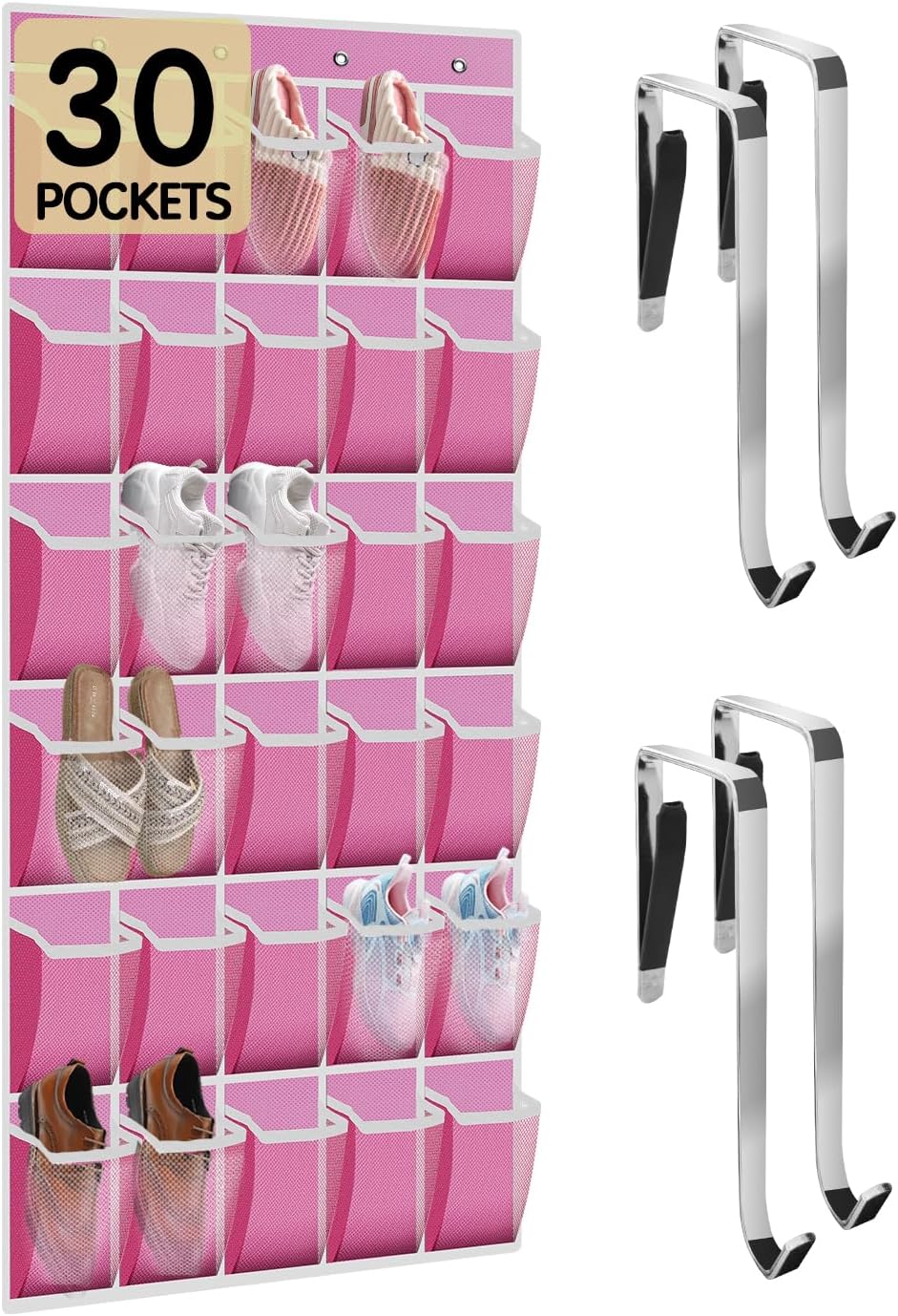 Kotkn Over the Door Shoe Organizer with 30 Breathable Mesh Pockets - Large Capacity Closet Storage for Men & Women, Hanging Shoe Rack Organizer (Pink)