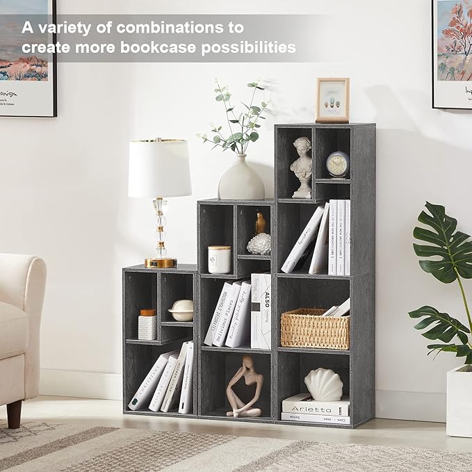 VECELO Small Bookshelf, 5 Cube Slim Bookcase, Fits Tallest Hardcovers, Horizontal Available, Modern Floor Standing Unit, Each Shelf Hold Up to 66 LBS,Modern Gray