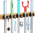 IMILLET Broom Holder Wall Mount, Bamboo Broom Hanger with 5 Racks 4 Hooks, Mop and Broom Holder Wall Mount Self Adhesive, Home Organization and Storage for Laundry Room, Closet, Utility Room