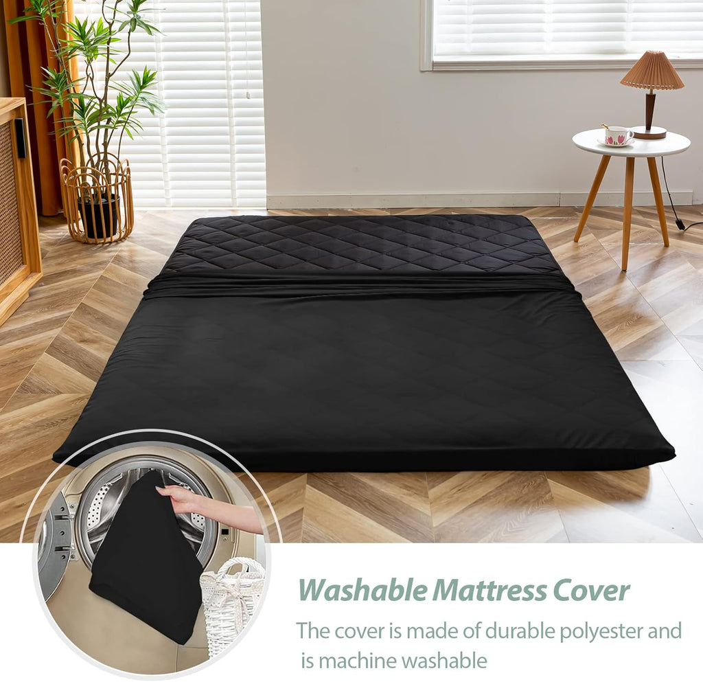 MAXYOYO Japanese Floor Futon Mattress King Size, Floor Futon for Adults, Roll Up Folding Mattress, Diamond Patterned Japanese Futon Mat, Black