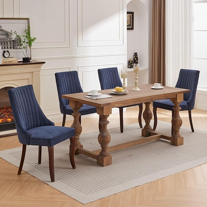 Linen Dining Chairs Set of 8,Comfy Fabric Upholstered Chairs for Kitchen Living Room,Channel Tufted Dining Room Chairs with Curved Solid Wood Legs(Blue,8 Pcs)