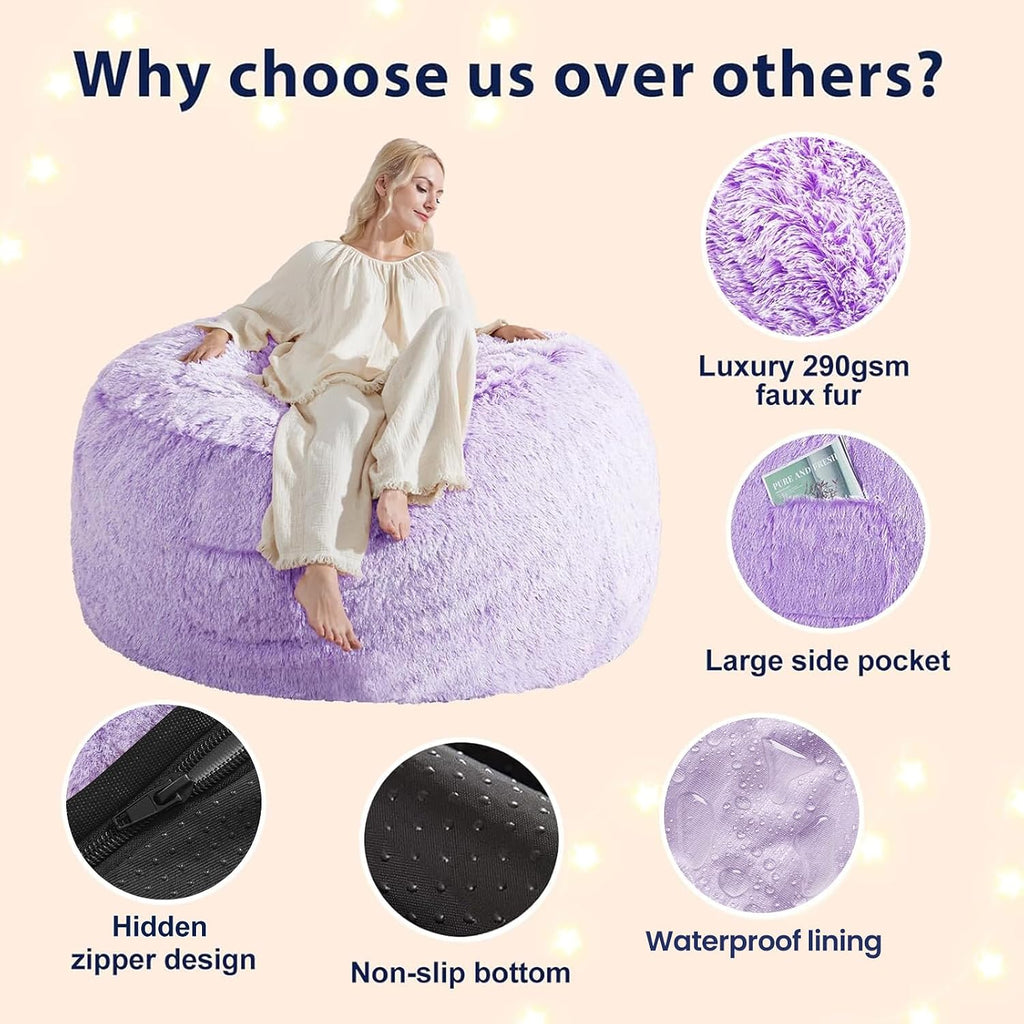 5FT Bean Bag Cover for Stuffed Animals Machine Washable, Gaming Bean Bag Chairs for Adults Teens Girls, Lovely Cute Bean Bag Storage Stuffed Animal, Purple