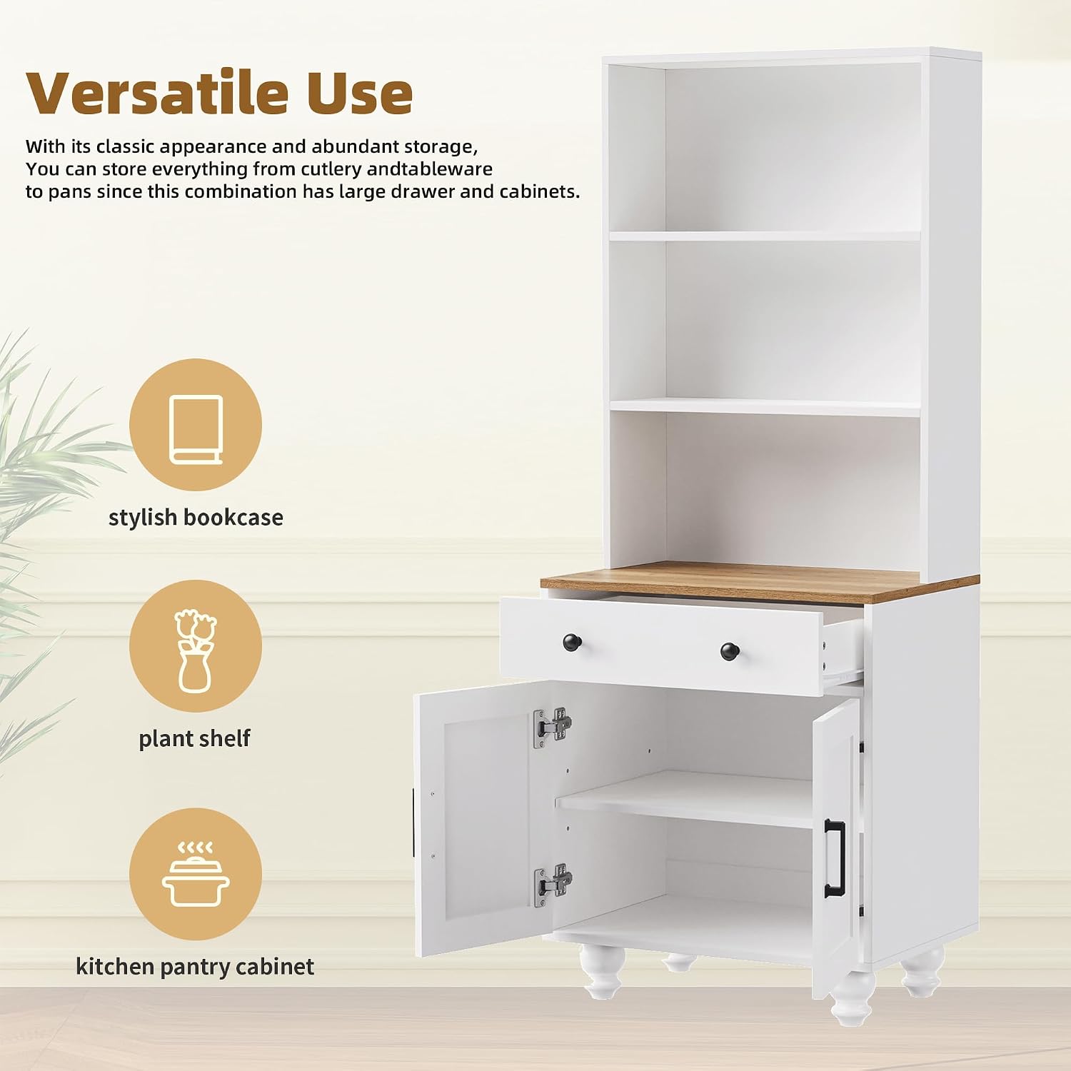 Modern Kitchen Pantry, Storage Cabinet with 4 Solid Wood Gourd-Shaped Legs, Adjustable Shelves, 5-Tier Bookshelf, Drawer, for Dining Room, Easy to Clean