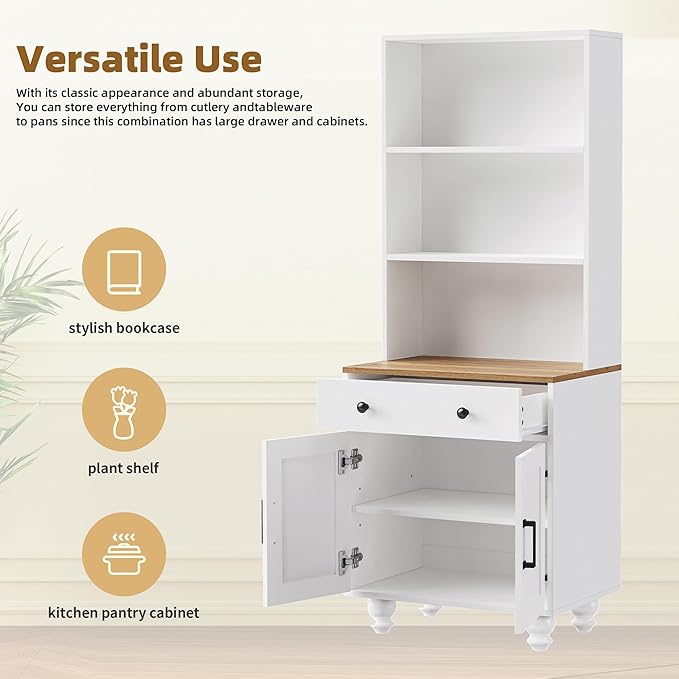 Ball & Cast Farmhouse TV Stand with Bookshelves for TVs up to 70", Media Console w/Tempered Glass Doors & Solid Wood Gourd-Shaped Legs, Entertainment Center for Living Room,White+Natural