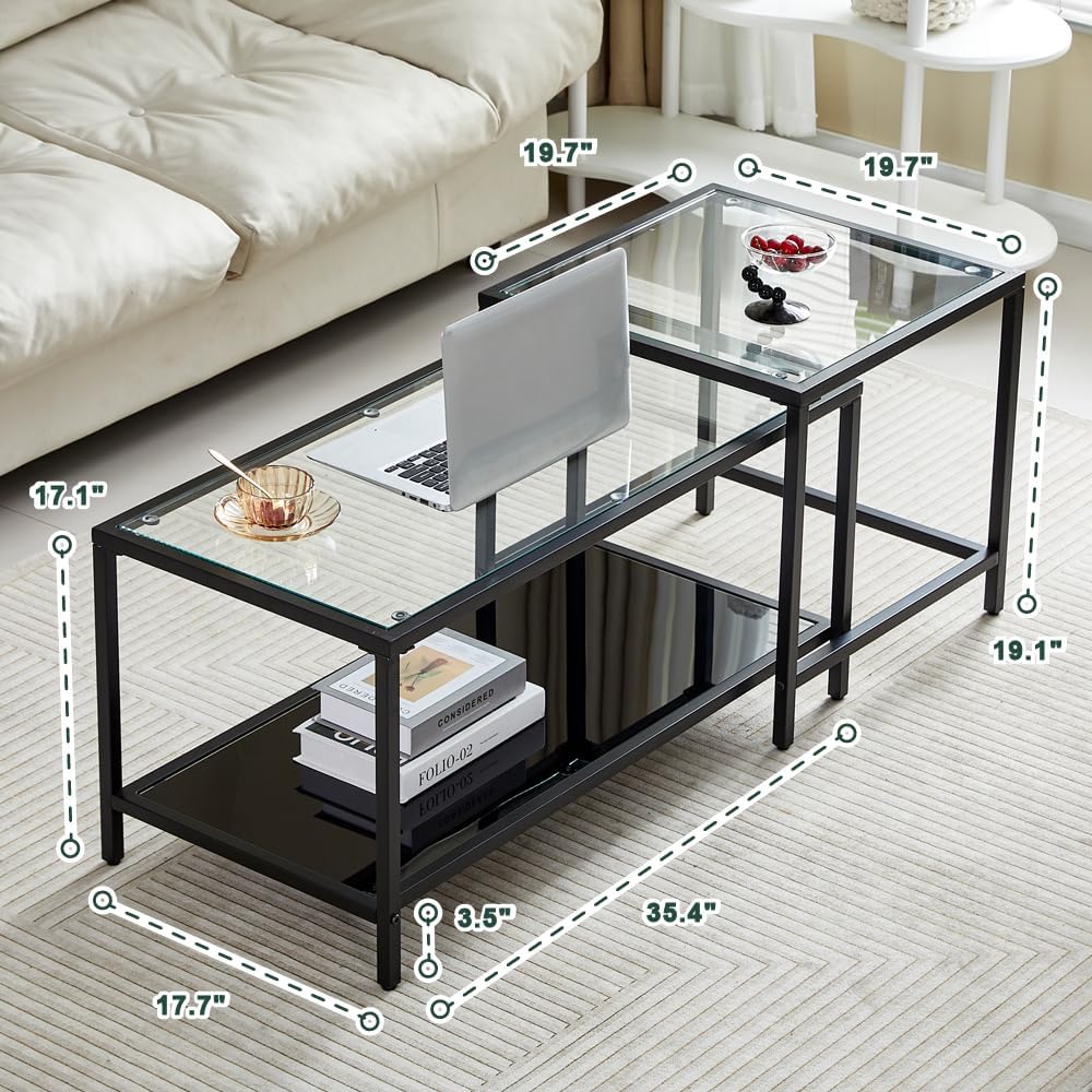 Coffee Table Nesting Set of 2, Center Coffee Table Set with Tempered Glass, M...