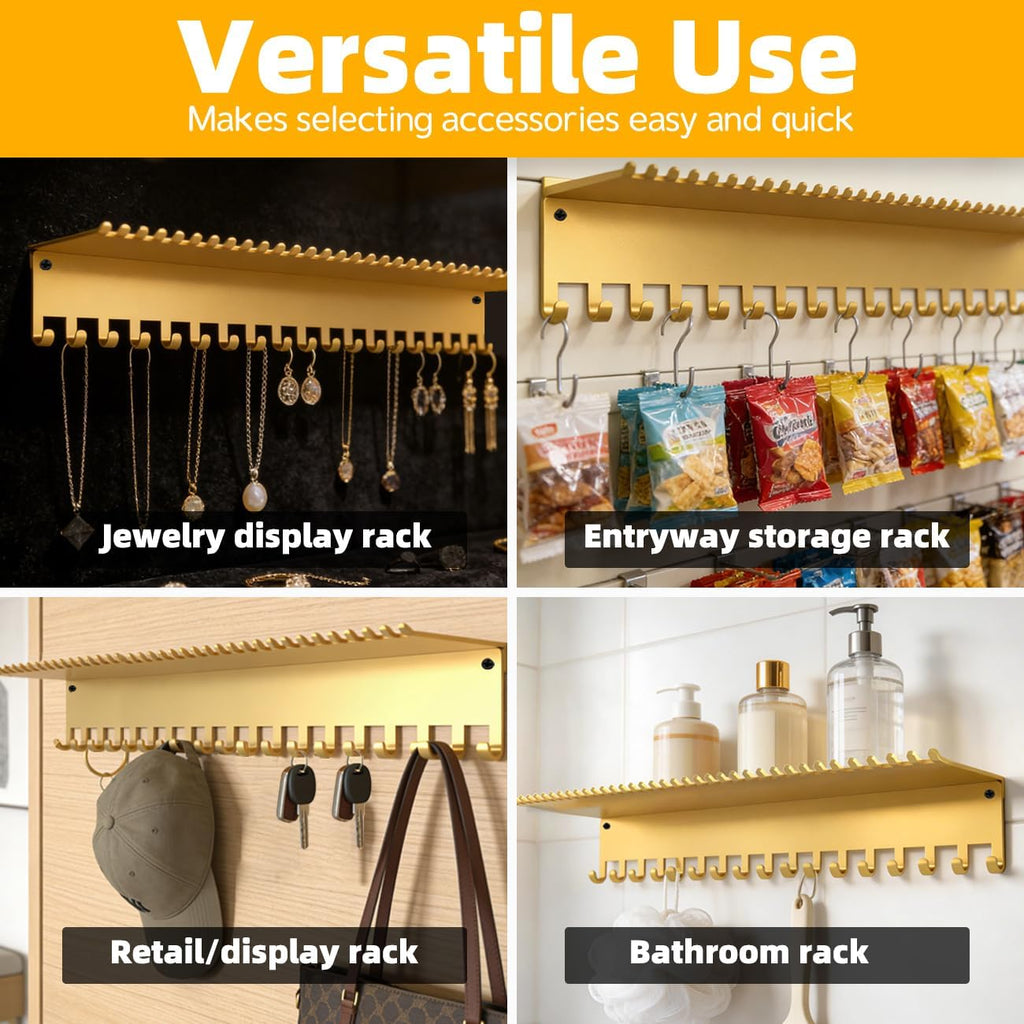 Necklace Jewelry Holder Wall Hanging Organizer Hangers Storage Mounted Shelf with 56 Hooks Tray Display Girls Women Metal Door Earring Mount Key Chains Rack (Gold)