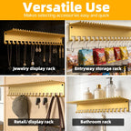 Necklace Jewelry Holder Wall Hanging Organizer Hangers Storage Mounted Shelf with 56 Hooks Tray Display Girls Women Metal Door Earring Mount Key Chains Rack (Gold)
