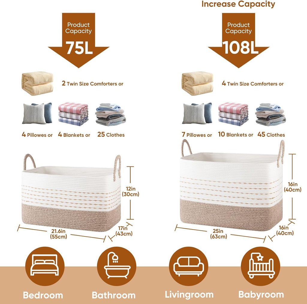 OIASKET 75L Large Cotton Rope Storage Basket, Soft Decorative Blanket Basket for Living Room & Bedroom, Boho Laundry Hamper with Handles Capable of Holding Pillows, Clothes and Toys-Brown & White
