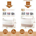 OIASKET 75L Large Cotton Rope Storage Basket, Soft Decorative Blanket Basket for Living Room & Bedroom, Boho Laundry Hamper with Handles Capable of Holding Pillows, Clothes and Toys-Brown & White