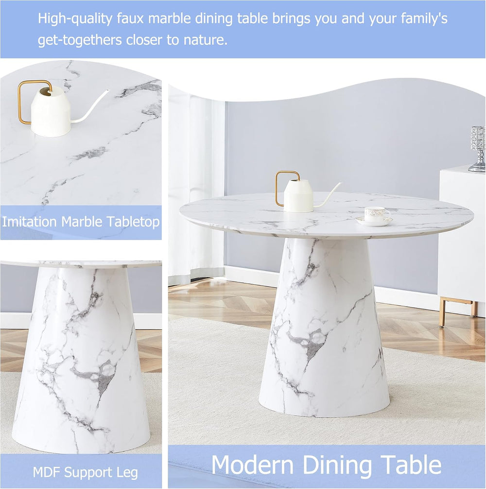White Dining Table,45'' Round Dining Table for 4-6,Modern Marble-Look...