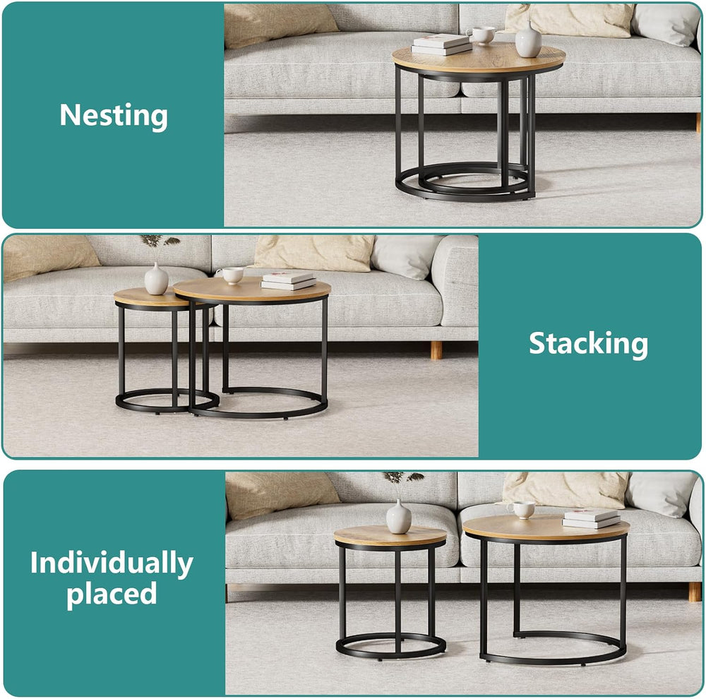 Smuxee Nesting Coffee Table Set of 2, 23.6" Round Coffee Table Brown Woo...