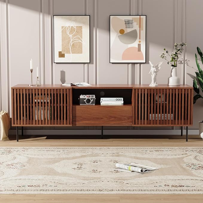 HOMMPA 70 Inch TV Stand for TVs Up to 80'', Mid Century TV Stand with Slatted Door Design, Modern Media Console with Storage Cabinet & Drawer, Entertainment Center for Livingroom, Walnut