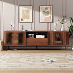 HOMMPA 70 Inch TV Stand for TVs Up to 80'', Mid Century TV Stand with Slatted Door Design, Modern Media Console with Storage Cabinet & Drawer, Entertainment Center for Livingroom, Walnut