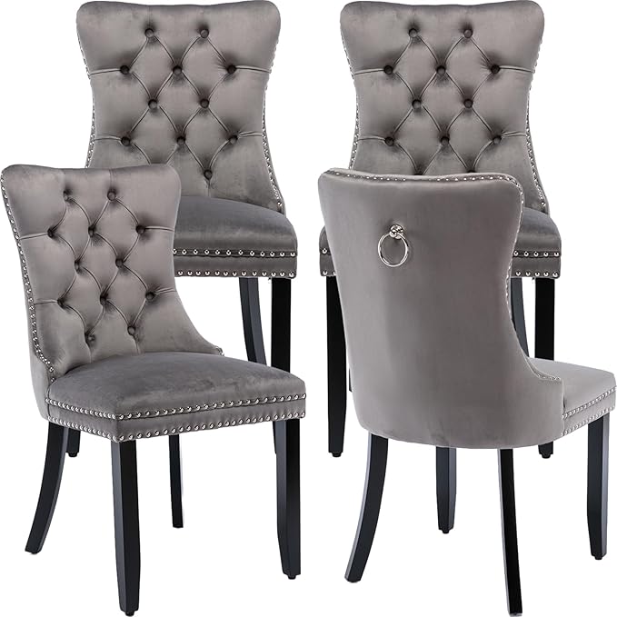 Modern Dining Chairs Set of 4, Tufted Upholstered Dining Chair with Solid Wood Legs, Grey Velvet Accent Chair, Sillas de Comedor, 4 Dining Chairs (Gray, Velvet, 4Pcs)