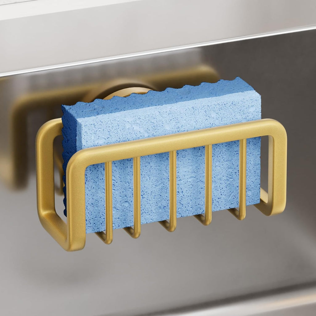 TAILI Sponge Holder for Kitchen Sink with Strong Suction Cup, Rustproof Aluminum Sink Caddy for Sponges, Removable Sponge Holder, Dish Brush for Scraper - Gold
