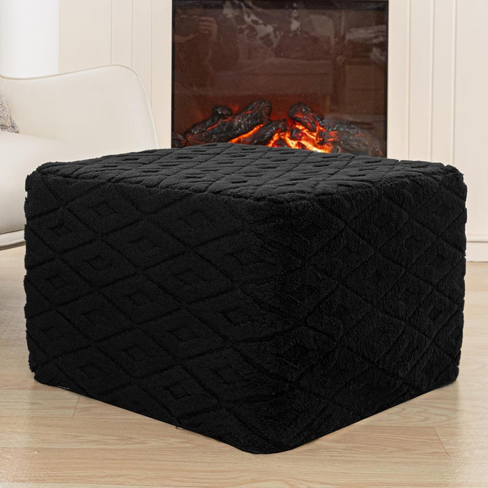 Fluffy Square Ottoman Pouf with All-in-One Foam Filling 20 x 14 Inches Furry Ottoman Foot Rest Foot Stool for Living Room or Bedroom (Black)