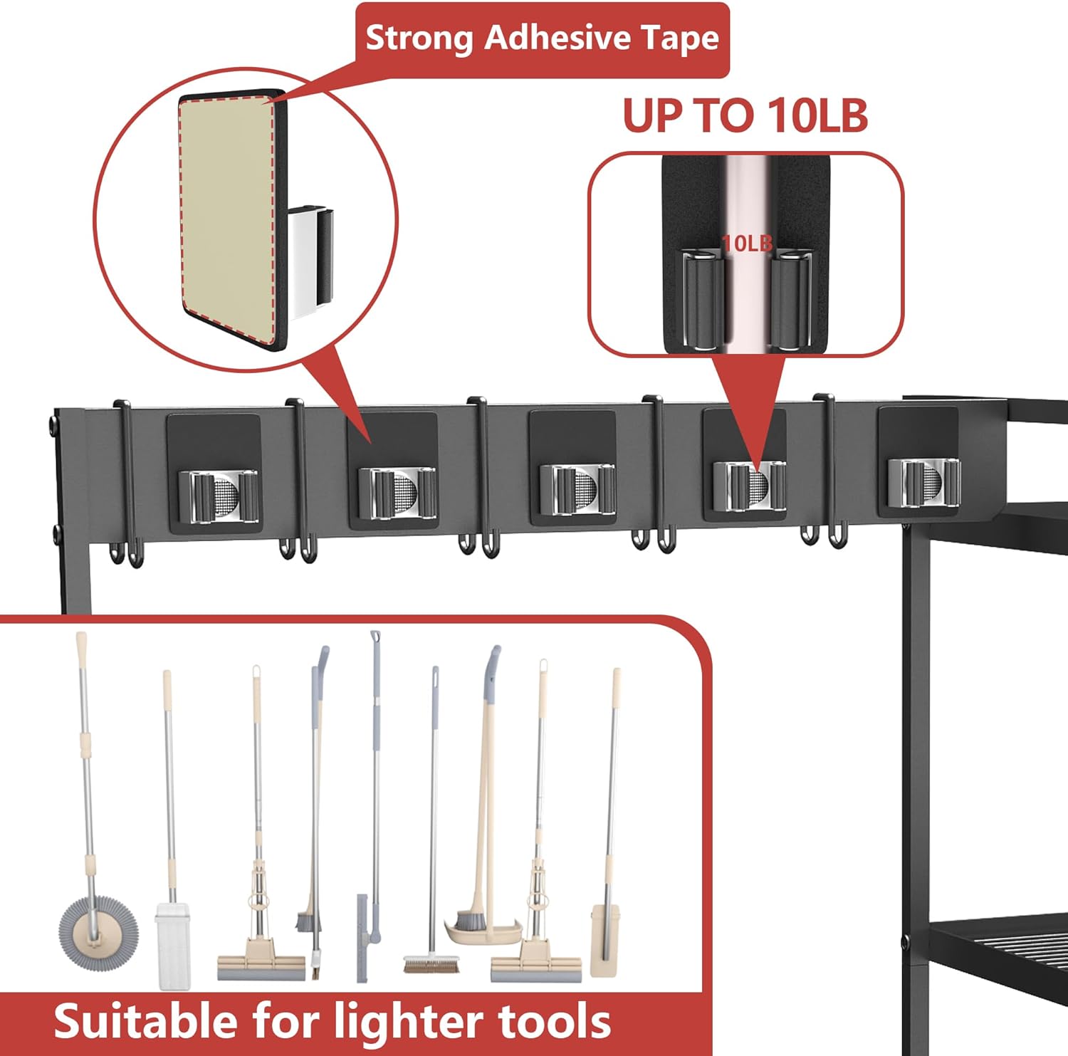 GIOTORENT Metal Cleaning Cart with Wheels - Rolling Broom Holder & Supplies Organizer, 10 Adjustable Clips, 5 Double-Hooks, 3-Tier Shelves, Brakes for Home, Commercial, Black