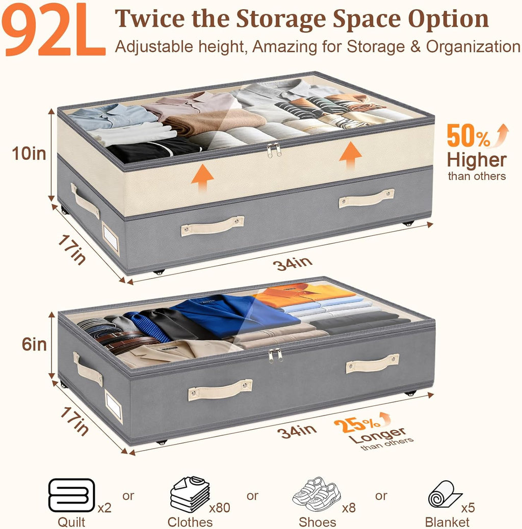 Dolicer 4 Pack Under Bed Storage with Wheels, 6in-10in Height Adjustable Underbed Storage Containers, 92L XXXL Under Bed Drawers Rolling Bin with Clear Lids for Dorm Shoes Clothes Organizers(Grey)