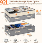 Dolicer 4 Pack Under Bed Storage with Wheels, 6in-10in Height Adjustable Underbed Storage Containers, 92L XXXL Under Bed Drawers Rolling Bin with Clear Lids for Dorm Shoes Clothes Organizers(Grey)