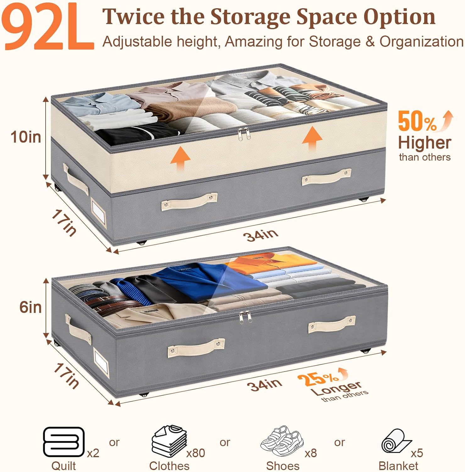 Dolicer 4 Pack Under Bed Storage with Wheels, 6in-10in Height Adjustable Underbed Storage Containers, 92L XXXL Under Bed Drawers Rolling Bin with Clear Lids for Dorm Shoes Clothes Organizers(Grey)