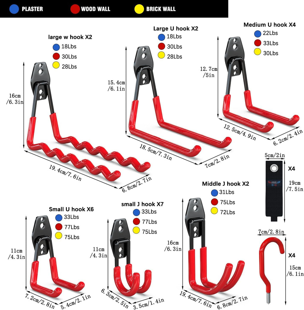 3-H Garage Wall Hooks 31 Pack, Garage Hooks Heavy Duty with Extra Welding Spots, Garage Organizer for Garden, Lawn, Yard Tools, Chairs, Ladders, Weed Eater, Shovel, Blower (Red)