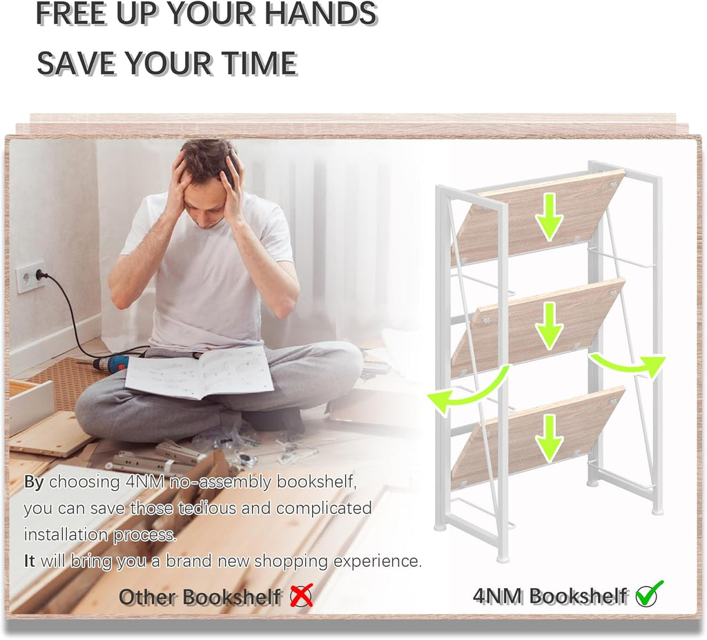 4NM No Assembly Folding Bookshelf Storage Shelves 3 Tiers Vintage Bookcase Standing Racks Study Organizer Home Office (Natural White)