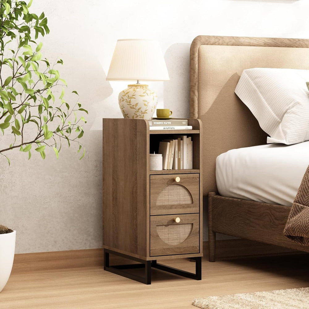 Narrow Nightstand for Small Spaces - 9.3" Slim Side Table with Rattan-We...