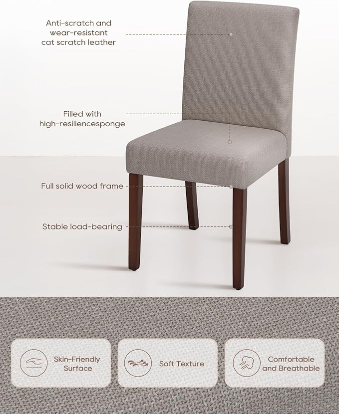 Upholstered Dining Chairs Set of 4 - Line Fabric Modern Farmhouse Kitchen Chairs,Mid-Back Dining Room Chairs with Wooden Legs