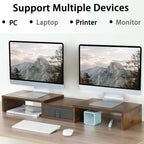 TEAMIX 3 Shelf Monitor Stand Riser With Drawer - Length and Angle Adjustable Dual Riser With Storage Corner Desk Shelf Organizer Large Computer Stand for 2 Monitors/Laptop (Brown, 1 Drawer)