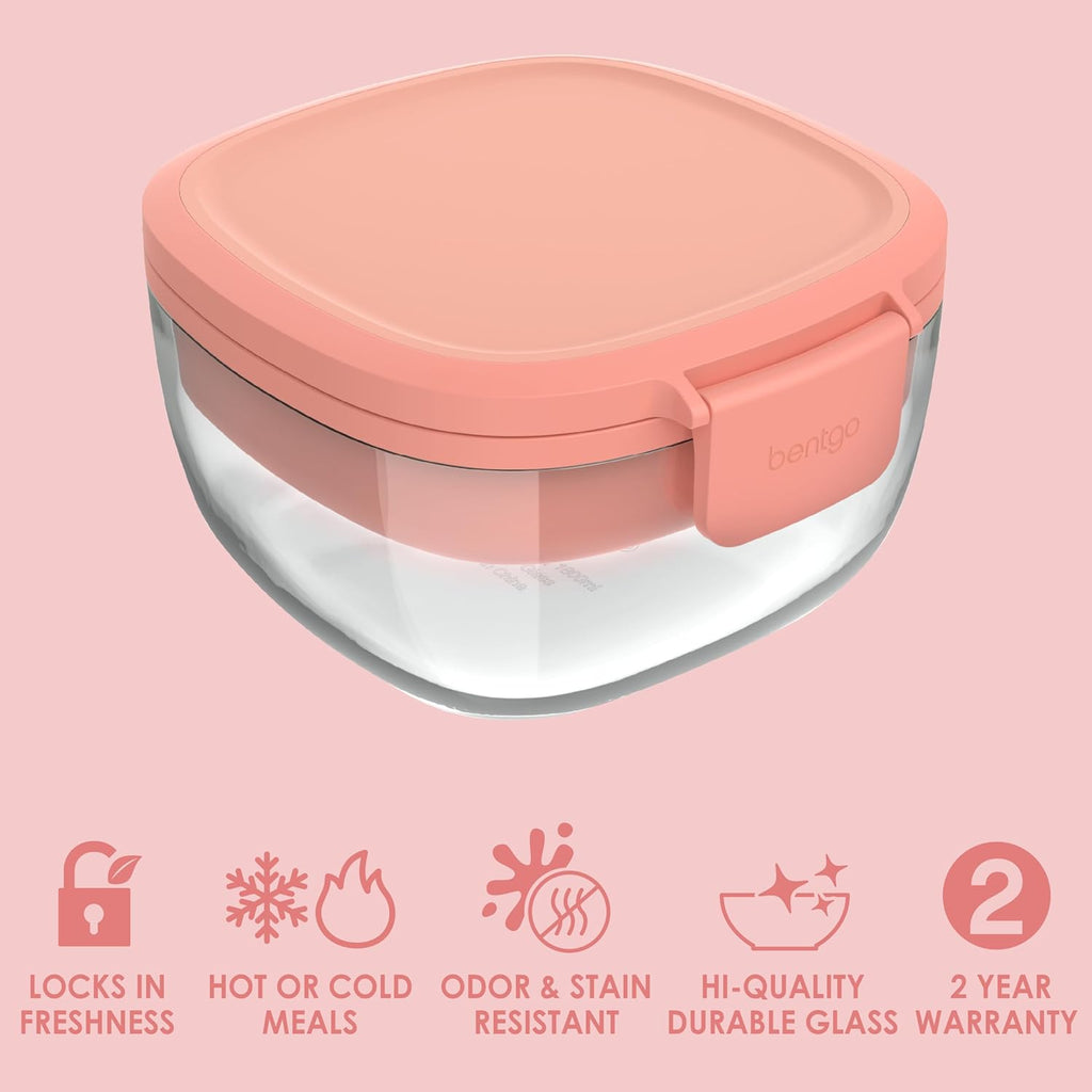 Bentgo Glass All-in-One Salad Container - Large 61-oz Salad Bowl with Lid, 4-Compartment Bento-Style Tray, 3-oz Sauce Container, and Reusable Fork - Dishwasher, Microwave, and Oven Safe (Coral)