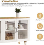 Ball & Cast Farmhouse TV Stand with Tempered Glass Doors for TVs up to 70",Sideboard Buffet w/5 Solid Wood Gourd-Shaped Legs & Adjustable Shelf,Entertainment Center for Living Room,White+Natural
