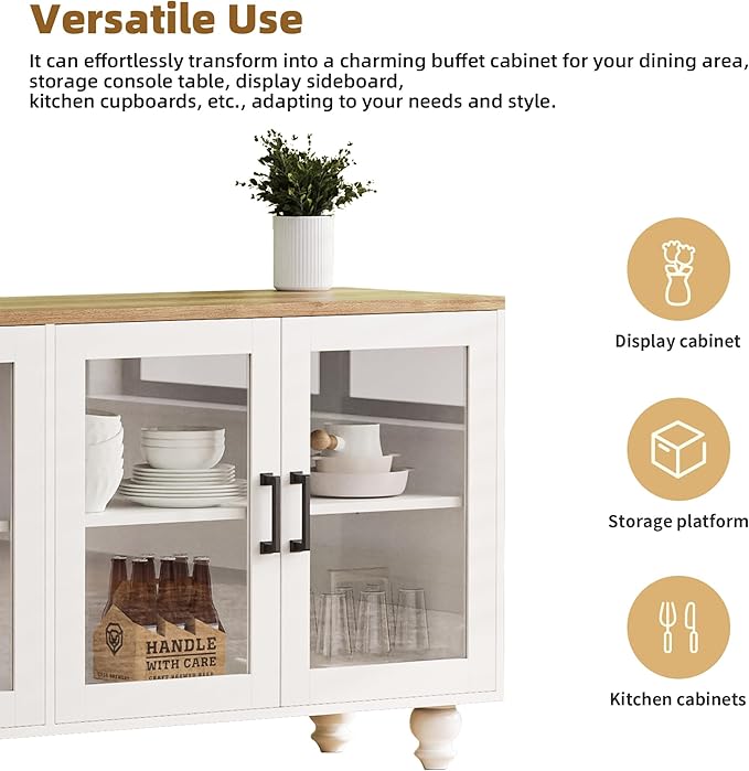 Farmhouse TV Stand with Tempered Glass Doors for TVs up to 70'', Entertainment Center with Adjustable Shelves, Buffet Cabinet with 5 Solid Wood Gourd-Shaped Legs for Living Room, White